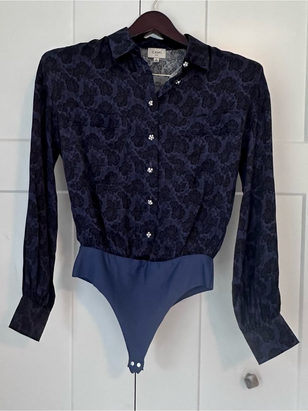 Cami NYC Navy Floral Button-Front Long Sleeve Bodysuit